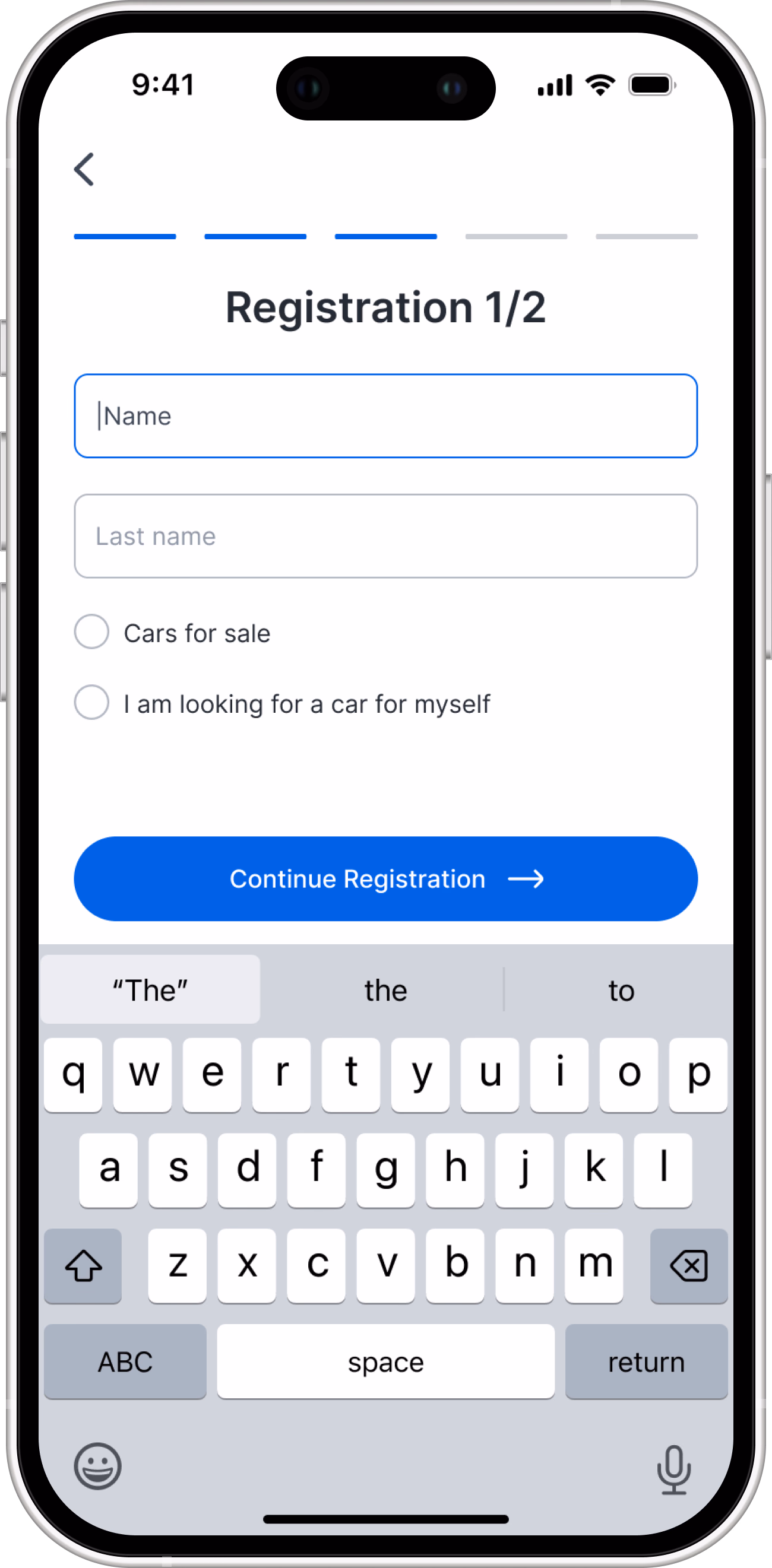 After: registration step 1 of 2, a short form with a few fields.