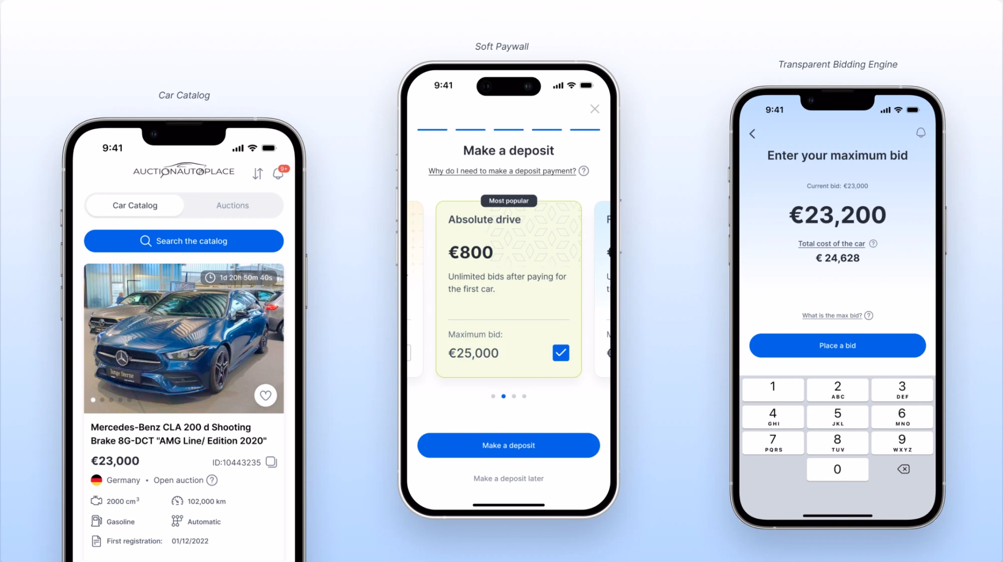 Three iPhone screens from the AuctionAutoPlace app, captioned Car Catalog, Soft Paywall and Transparent Bidding Engine: the car catalog with a search bar and a listing card, a deposit screen with a plan card and a Make a deposit button, and the bidding screen with a maximum-bid amount and numeric keypad.