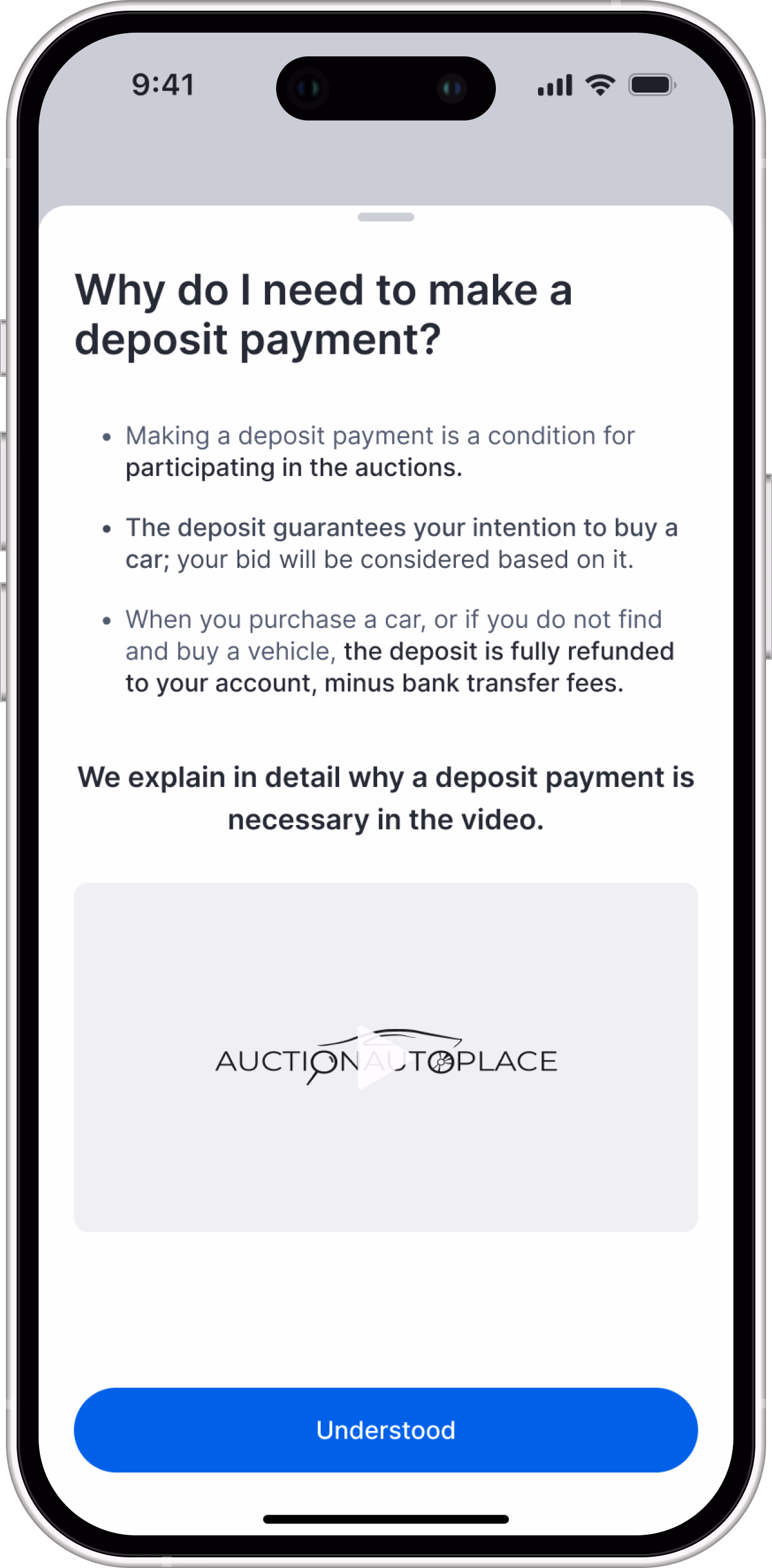 After: a bottom sheet titled Why do I need to make a deposit payment? that holds the legal explanation.