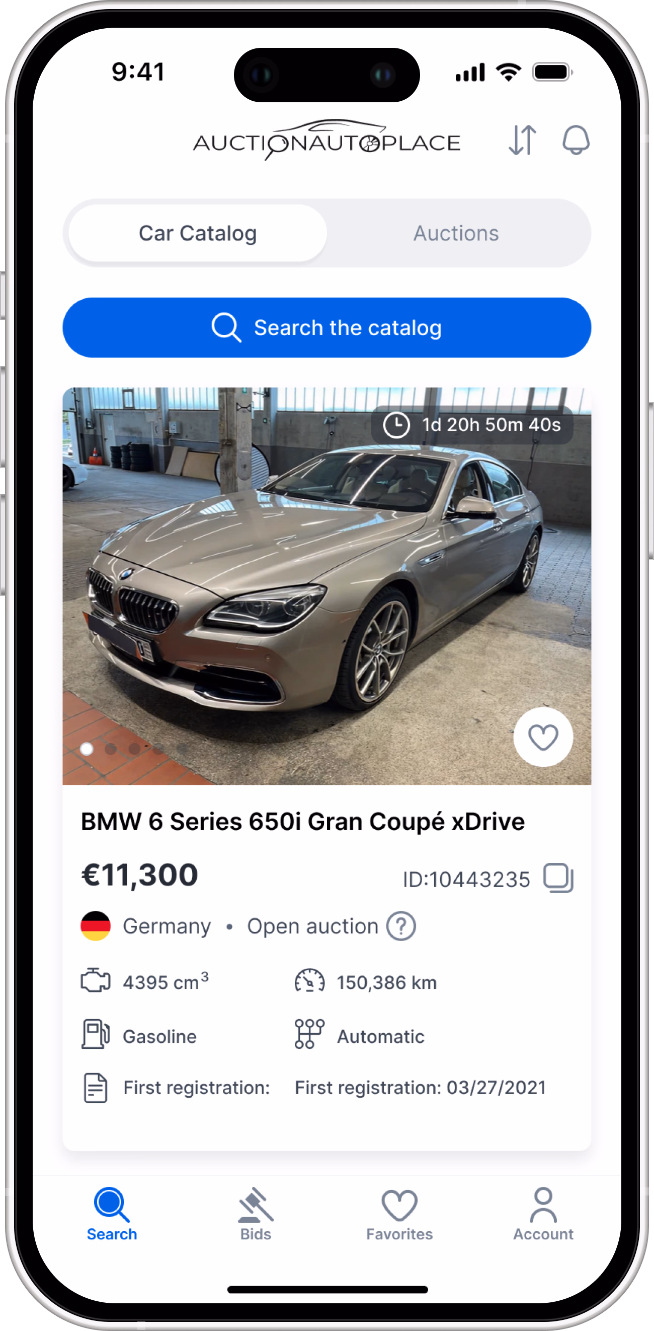 The car catalog: a search bar and a list of vehicle cards, the first a BMW 6 Series.