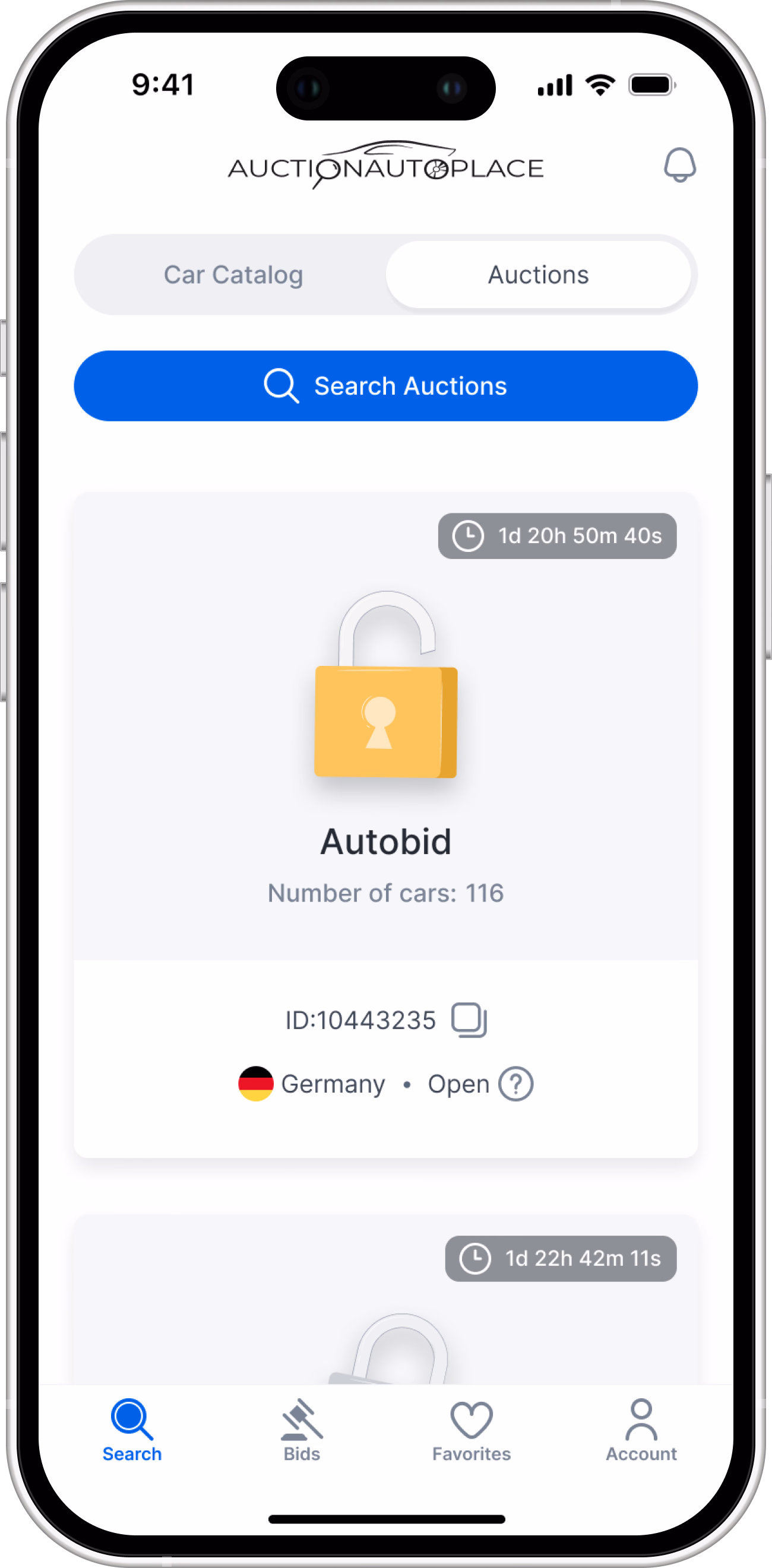 The Auctions tab showing an Autobid auction, open for bidding and marked with a yellow padlock.