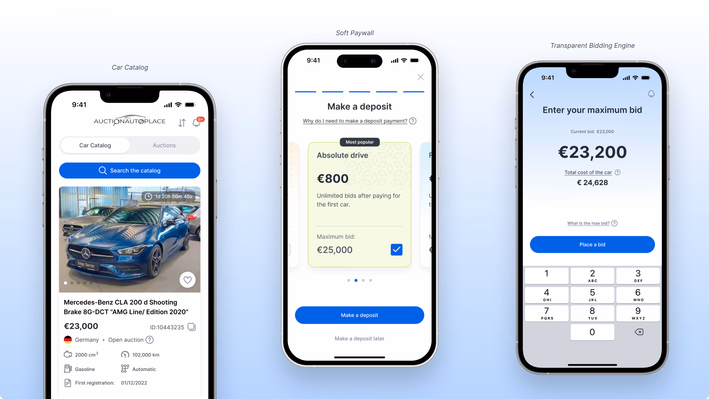 Three iPhone screens from the AuctionAutoPlace app: the car catalog with a search bar and a listing card, a deposit screen with a plan card and a Make a deposit button, and the bidding screen with a maximum-bid amount and numeric keypad.