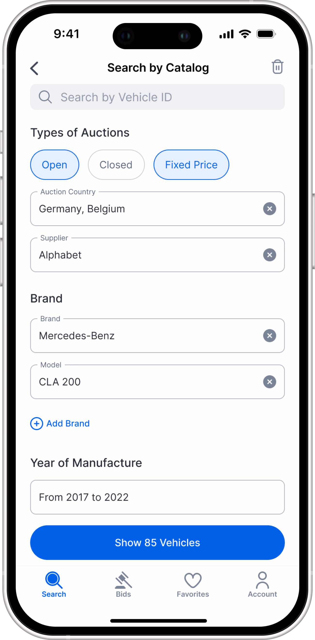 Search by Catalog, first screen: auction type, brand and model filters.