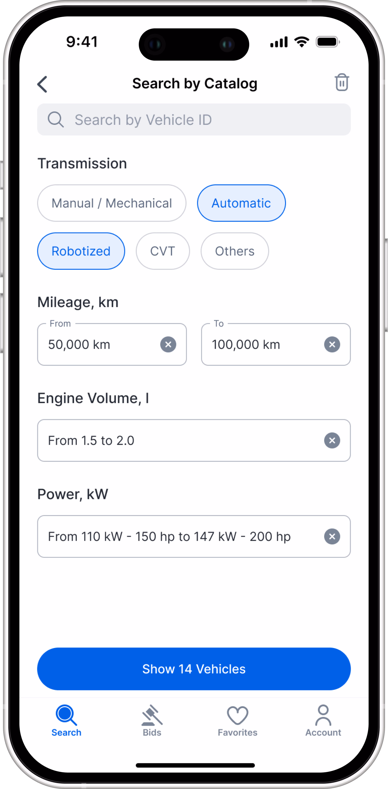 Search by Catalog, third screen: transmission, mileage, engine and power filters, with a Show 14 Vehicles button.