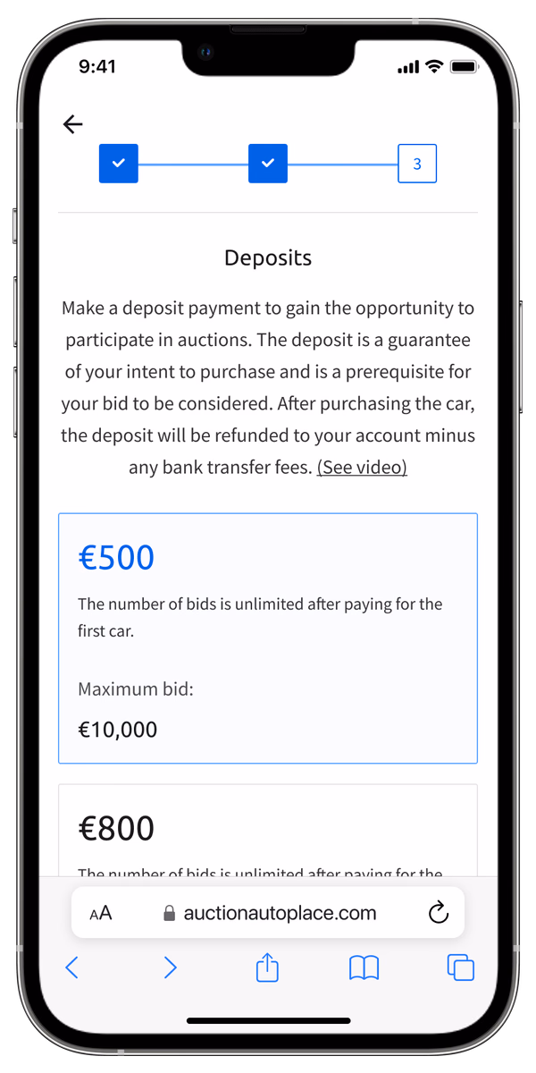Before: the web deposit page on a phone, with a progress bar, a block of dense legal text and a list of deposit amounts.