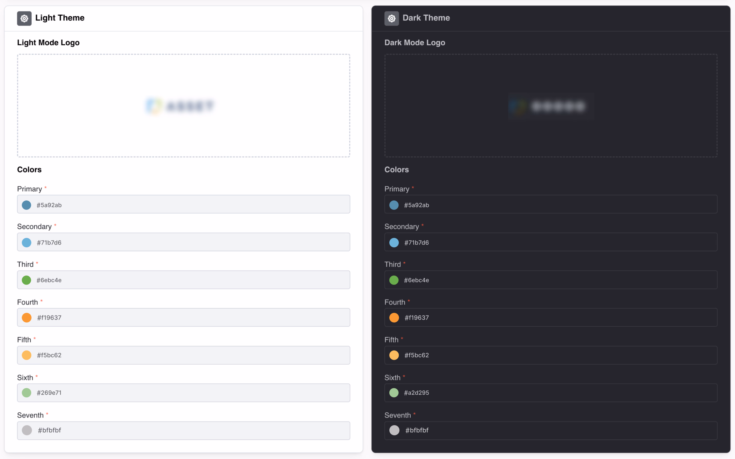 The old brand personalization screen: Light Theme and Dark Theme panels, each with seven manually entered color fields from Primary to Seventh.