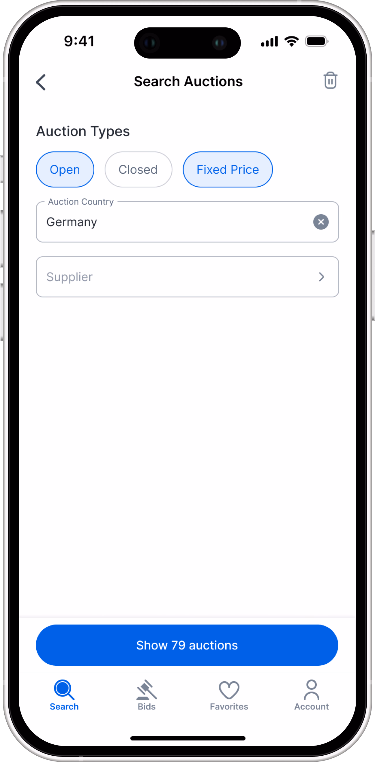Search Auctions: a list of filters for finding auction houses.