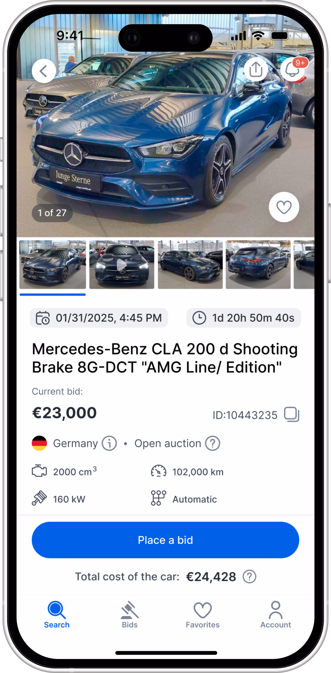 Car details for a Mercedes-Benz CLA: a photo gallery with a thumbnail strip, the price and a Place a bid button.