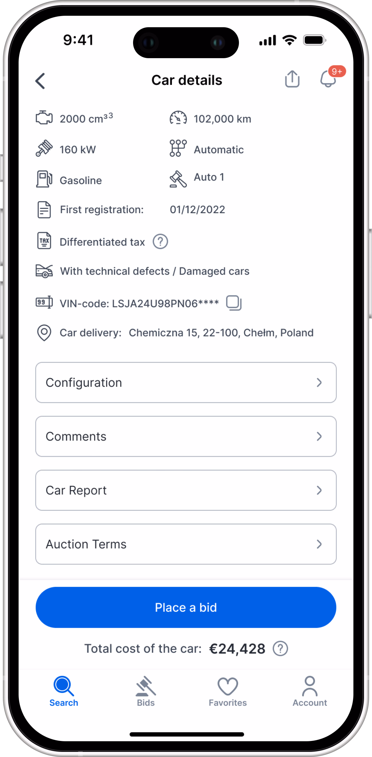 Car details specifications: a grid of key facts and collapsible sections for Configuration, Comments, Car Report and Auction Terms.
