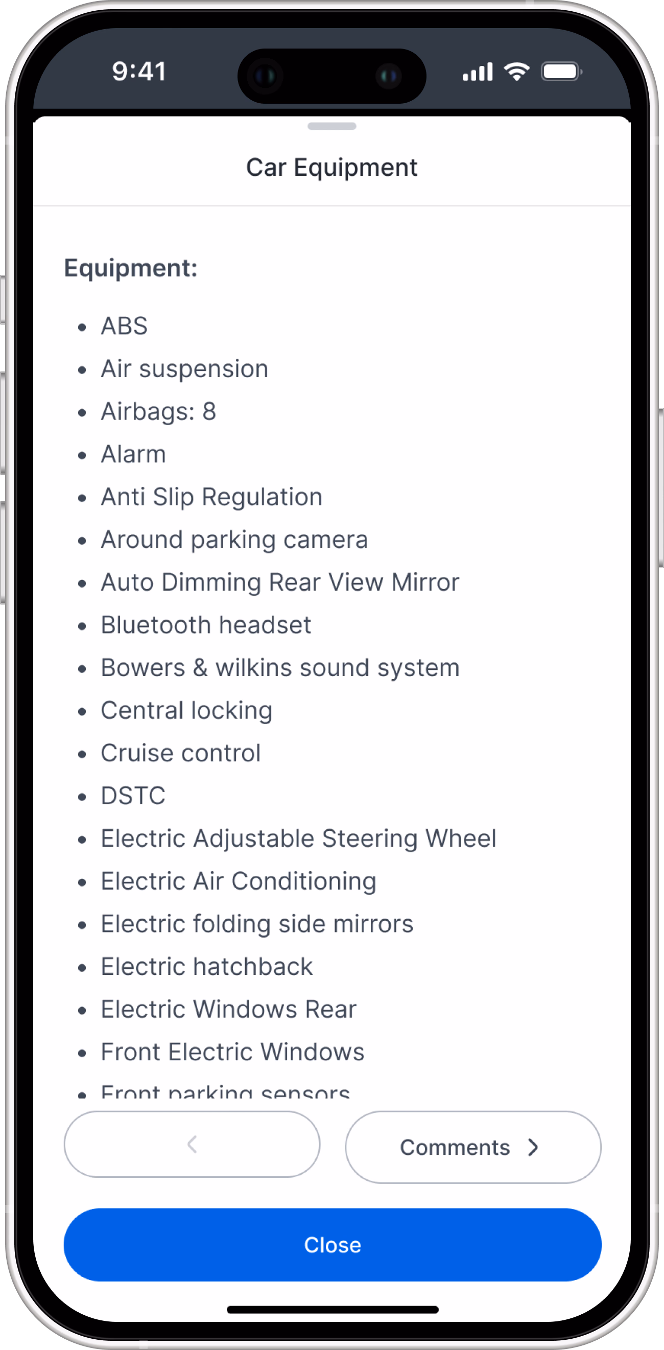 The Car Equipment sheet: a long checklist of the vehicle equipment, with navigation to Comments and Auction conditions.