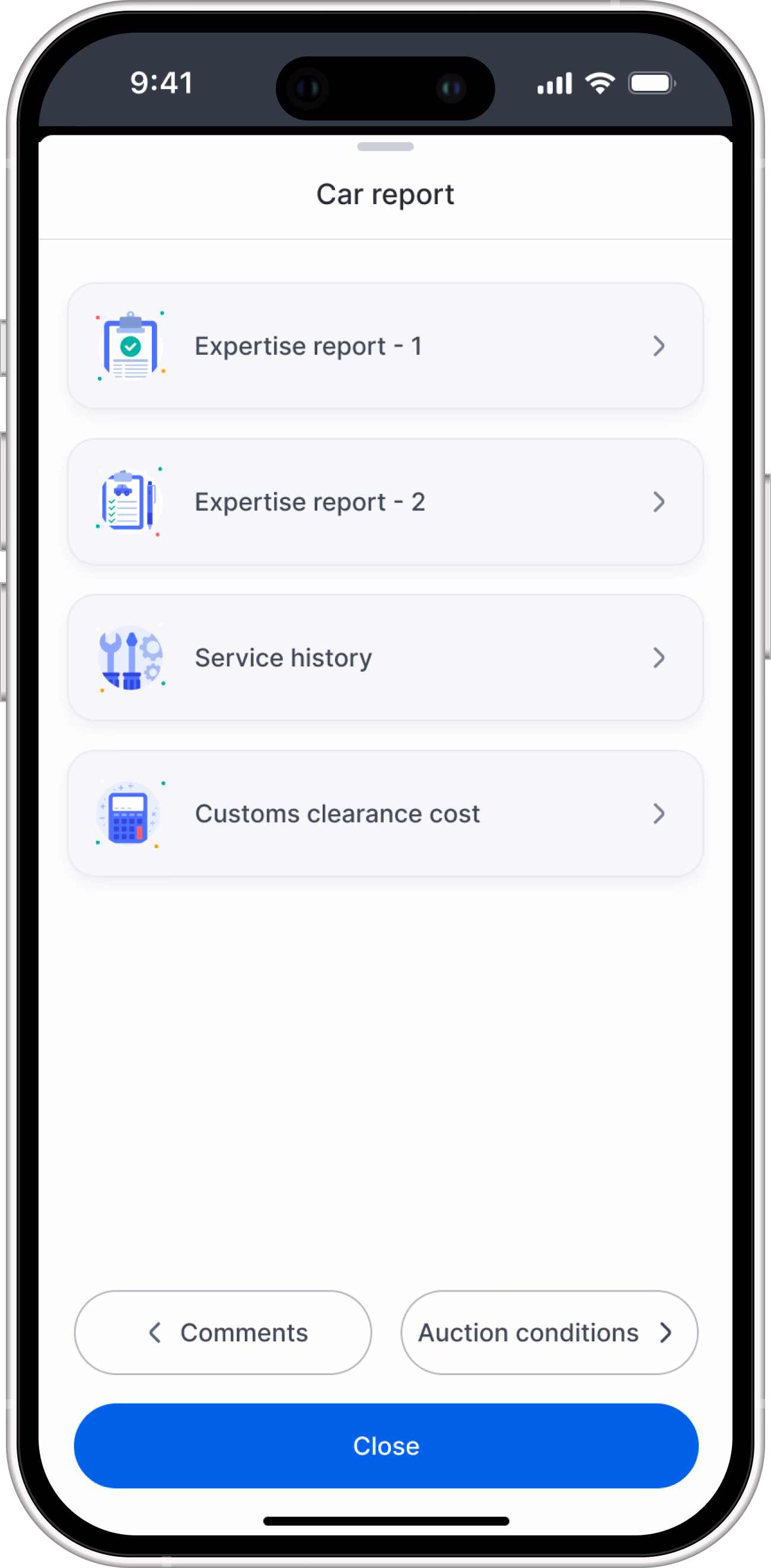 The Car report sheet: expertise reports, service history and customs-clearance cost as a list of rows.