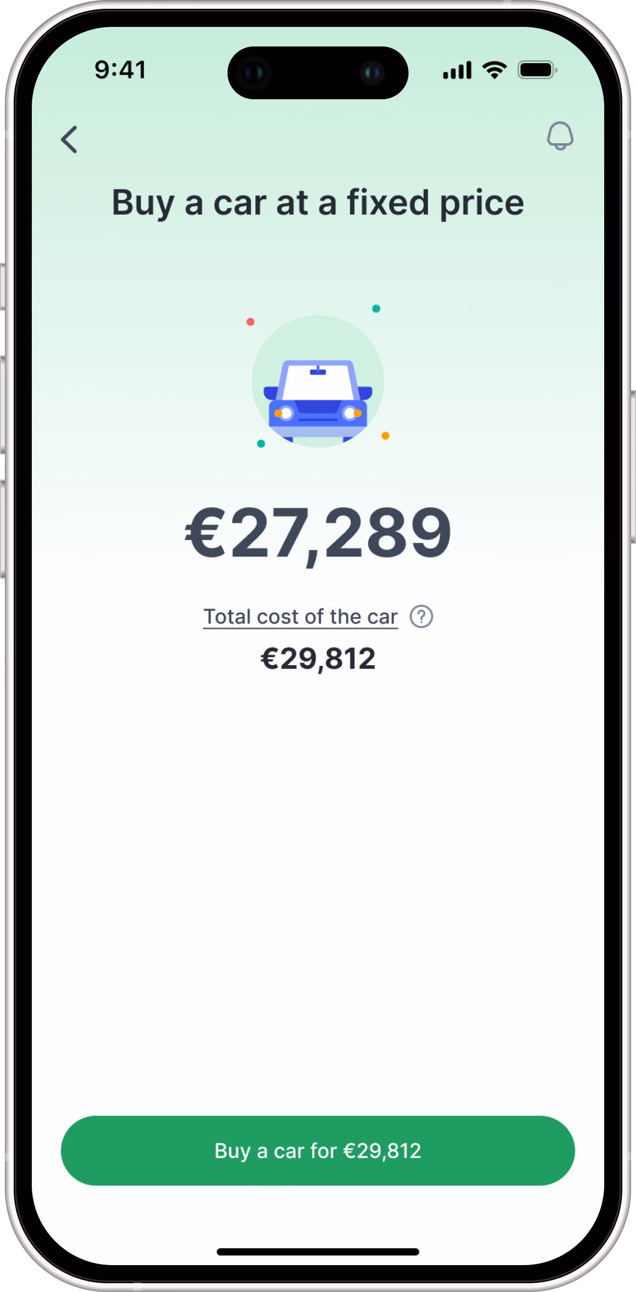 Buy a car at a fixed price: the price of €27,289 with a green Buy now button.