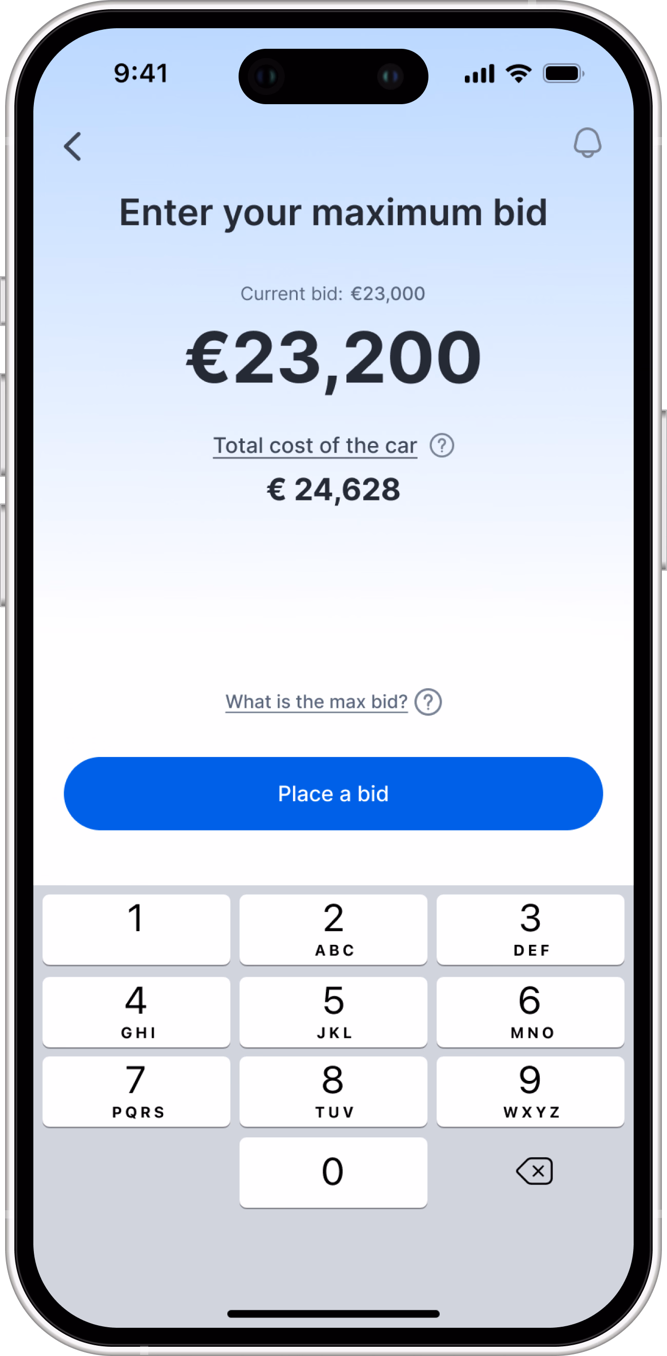 Enter your maximum bid: €23,200 on a numeric keypad, with the total cost of the car updating below.